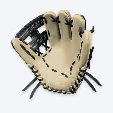 Palm view of the Tater I-Web infield glove showing the shallow blonde pocket, black lacing and embossed Tater logo