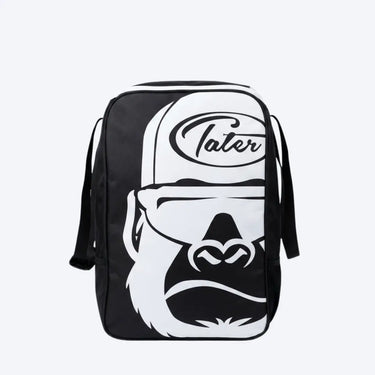 Black and white baseball backpack with gorilla graphic and Tater logo