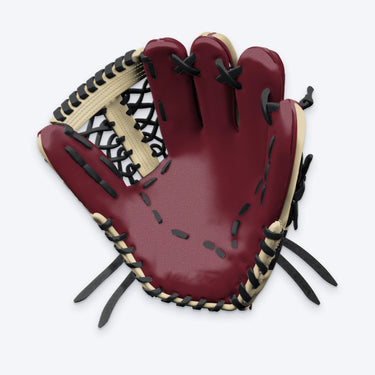Palm view of the Tater Modified Trapeze center field glove showing the maroon pocket, black lacing and embossed Tater logo