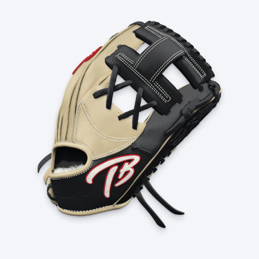 Side view of the Tater I-Web infield glove showing the black I-Web, blonde palm and TB logo on the wrist strap