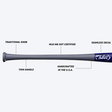 MLB ink dot certified wood baseball bat with thin handle, traditional knob, seamless decal, handcrafted in USA