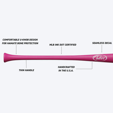 Pink Tater baseball bat with U-knob design, thin handle, MLB certified, seamless decal, handcrafted in USA