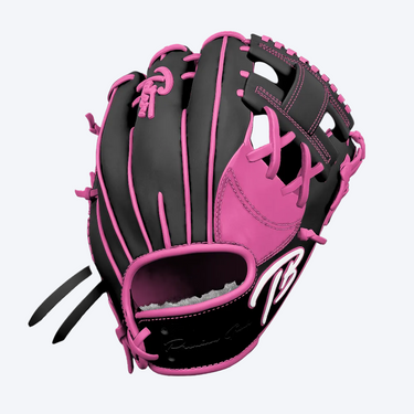 A baseball glove in black and pink with a white stylized 'TB' logo on the back, shown on a plain white background.