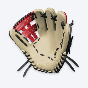 Palm view of the Tater H-Web infield glove showing the blonde pocket, black lacing and embossed Tater logo