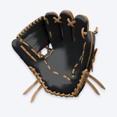 Palm view of the Tater One Piece Web infield glove showing the black pocket, tan lacing and embossed Tater logo