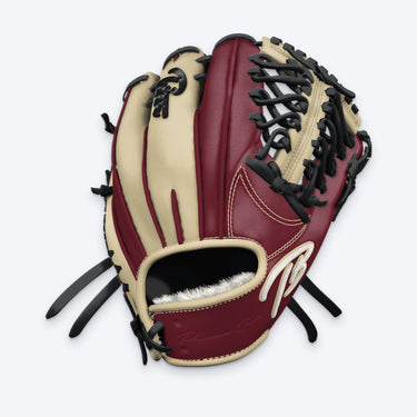 Tater Modified Trapeze outfield glove in maroon and blonde leather with black laces, maroon welting and a white TB logo outlined in blonde, back-of-hand view