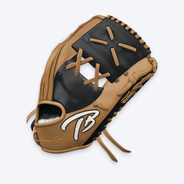 Side view of the Tater One Piece Web infield glove showing the black one piece web, tan laces and TB logo on the wrist strap
