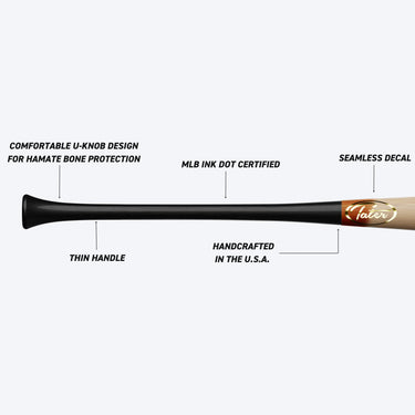 Handcrafted U.S.A. baseball bat with thin handle, U-knob design, and MLB ink dot certification