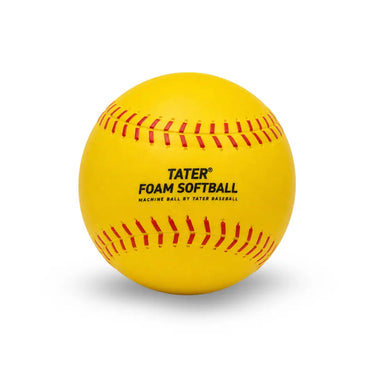 Yellow Tater foam softball with red stitching and Tater Foam Softball printing, front view