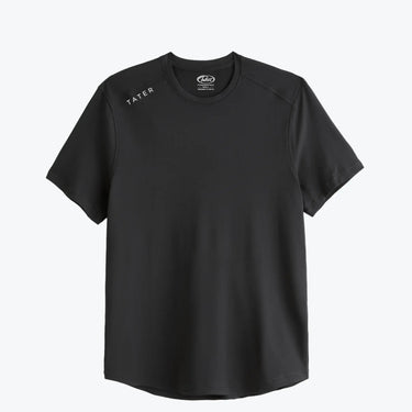 Fundamentals training tee in black with a curved hem, front view