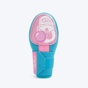 Cotton Candy KONG sliding mitt by Tater, front view, sky blue padded shell with pink Kong gorilla graphic blowing a pink bubblegum bubble