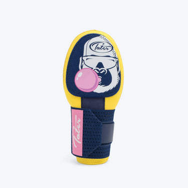 Original Bubblegum KONG sliding mitt by Tater, front view, yellow padded shell with navy Kong gorilla graphic blowing a pink bubblegum bubble
