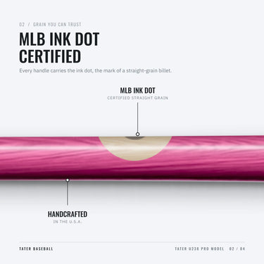 MLB ink dot on the handle of the Tater U238 Pro, certifying straight-grain maple
