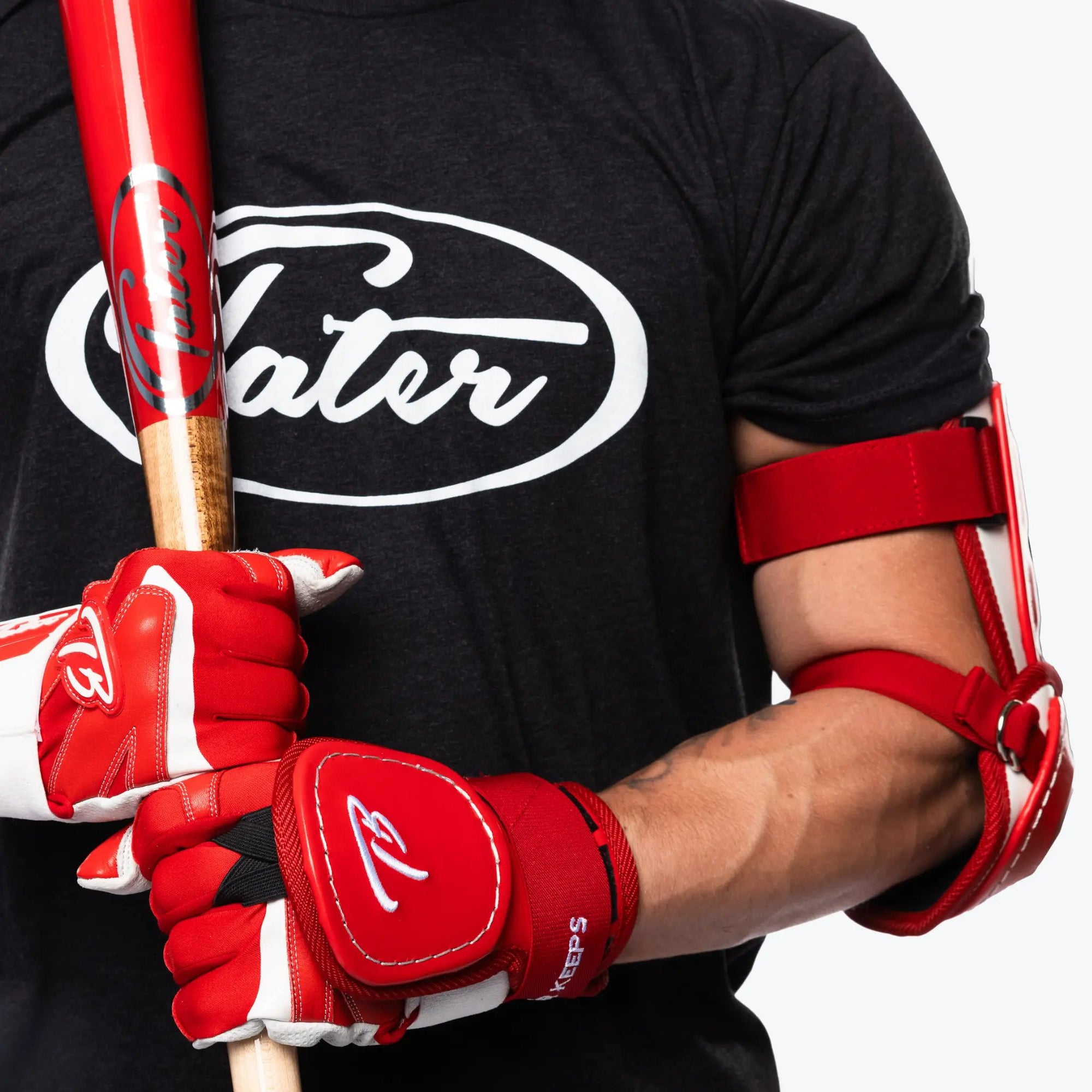 Image of a baseball player swinging a bat with focus on the elbow guard providing protection during the swing.