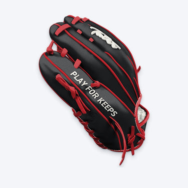 Pinky side of the Tater H-Web outfield glove with PLAY FOR KEEPS lettering and Tater script logo