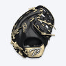 Tater custom first base mitt in black leather with a blonde wrist strap, blonde laces, a blonde Tater logo and a white TB logo, back-of-hand view