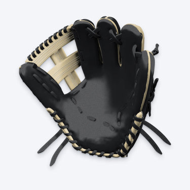 Palm view of the Tater Post Web infield glove showing the black pocket, black lacing and embossed Tater logo