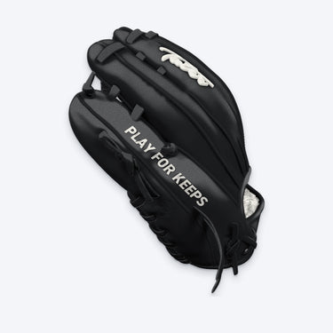 Pinky side of the Tater Helix Web pitcher's glove with PLAY FOR KEEPS lettering and white Tater script logo