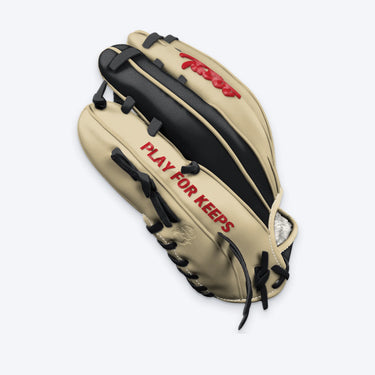 Pinky side of the Tater I-Web infield glove with red PLAY FOR KEEPS lettering and red Tater script logo