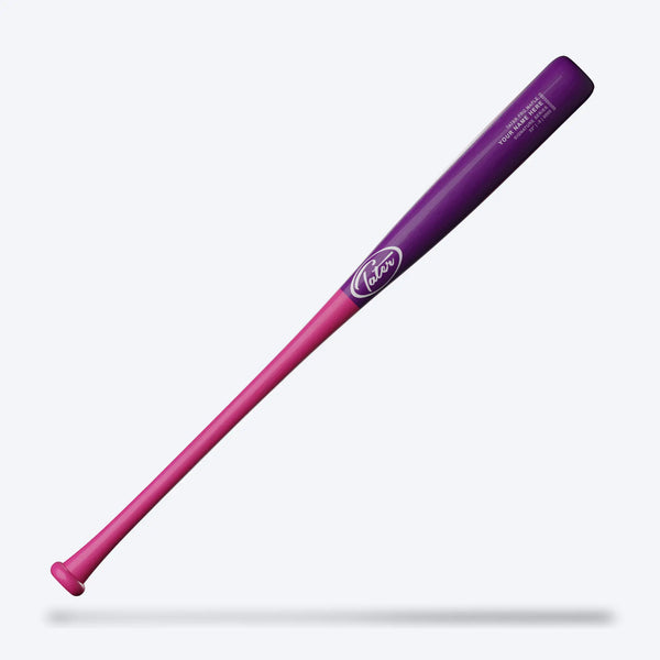 Purple and pink custom baseball bat with personalized name engraving, ideal for players of all ages.