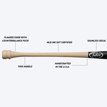Handcrafted wood baseball bat with flared knob, thin handle, MLB ink dot certified, seamless decal