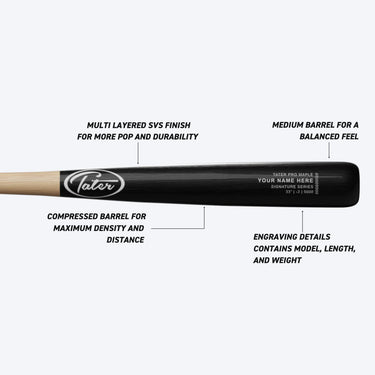 Tater Pro Maple wood baseball bat with SVS finish, medium barrel, compressed design, and custom engraving details