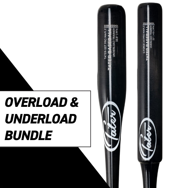 Tater Overload Underload training bats on a white backdrop. 