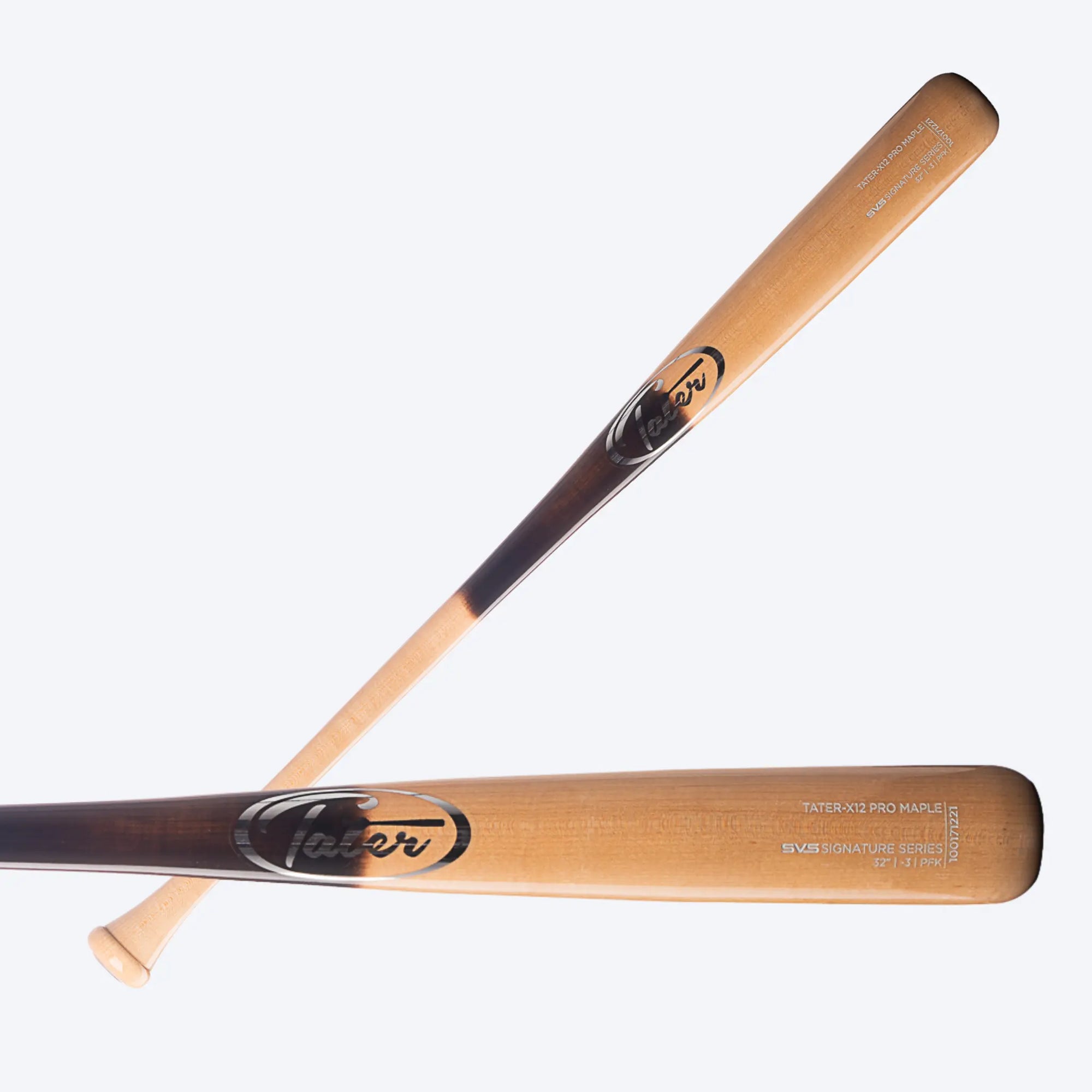 A high-quality wooden baseball bat with a dark brown pine tar grip, showcasing the Tater Baseball logo near the handle.This image features two Tater X12 Pro Maple baseball bats in a crossed position against a clear background. The top bat is displayed with the handle towards us, showing off the smooth pine tar finish, while the bottom bat presents the barrel with the brand's logo clearly visible, suggesting a bat well-suited for high school players due to its balance and craftsmanship.