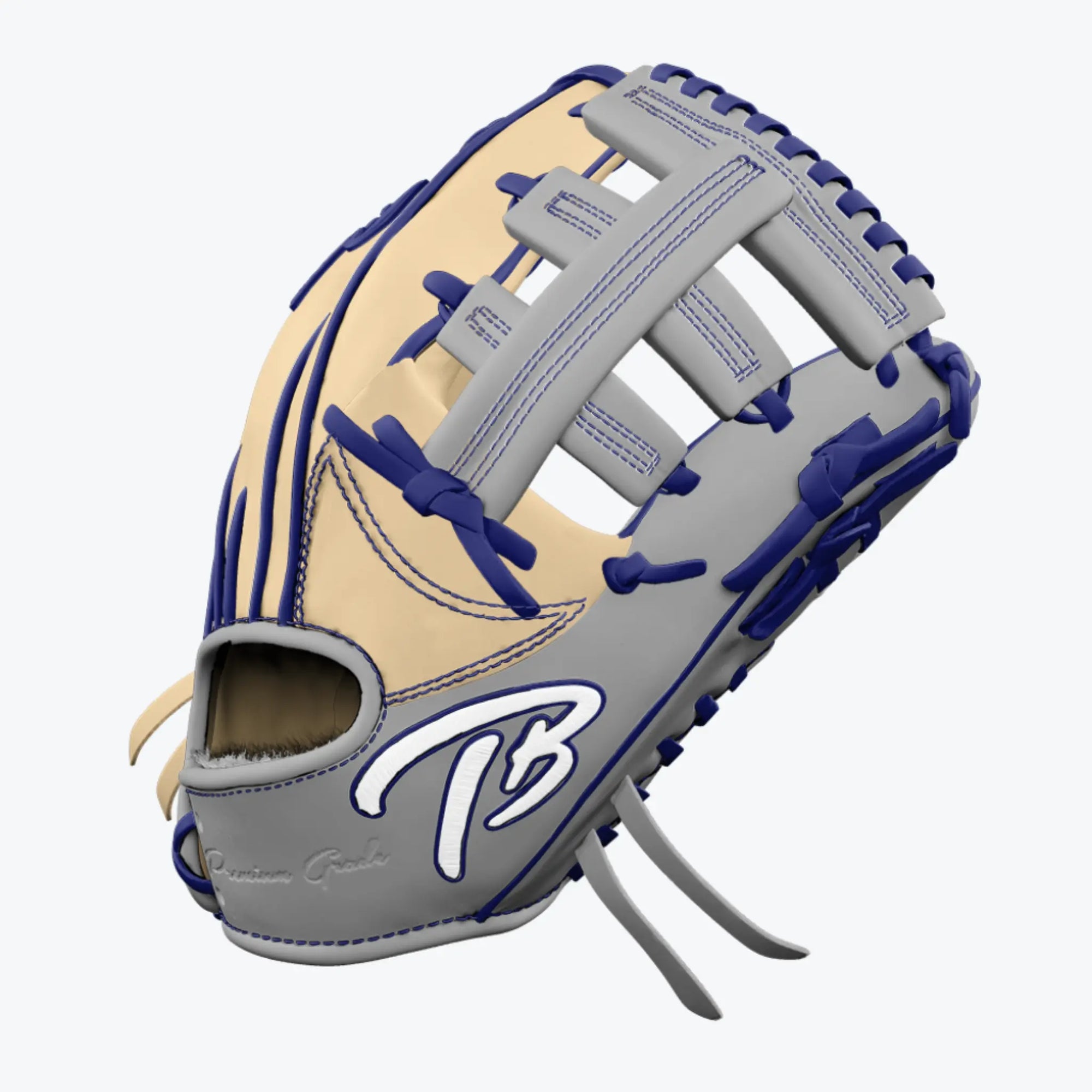 Custom-crafted outfielder's baseball glove with a double post web design by Tater, featuring a cream and navy color scheme, with a prominent 'TB' logo and 'Premium Grade' inscription, ready for game-day action.