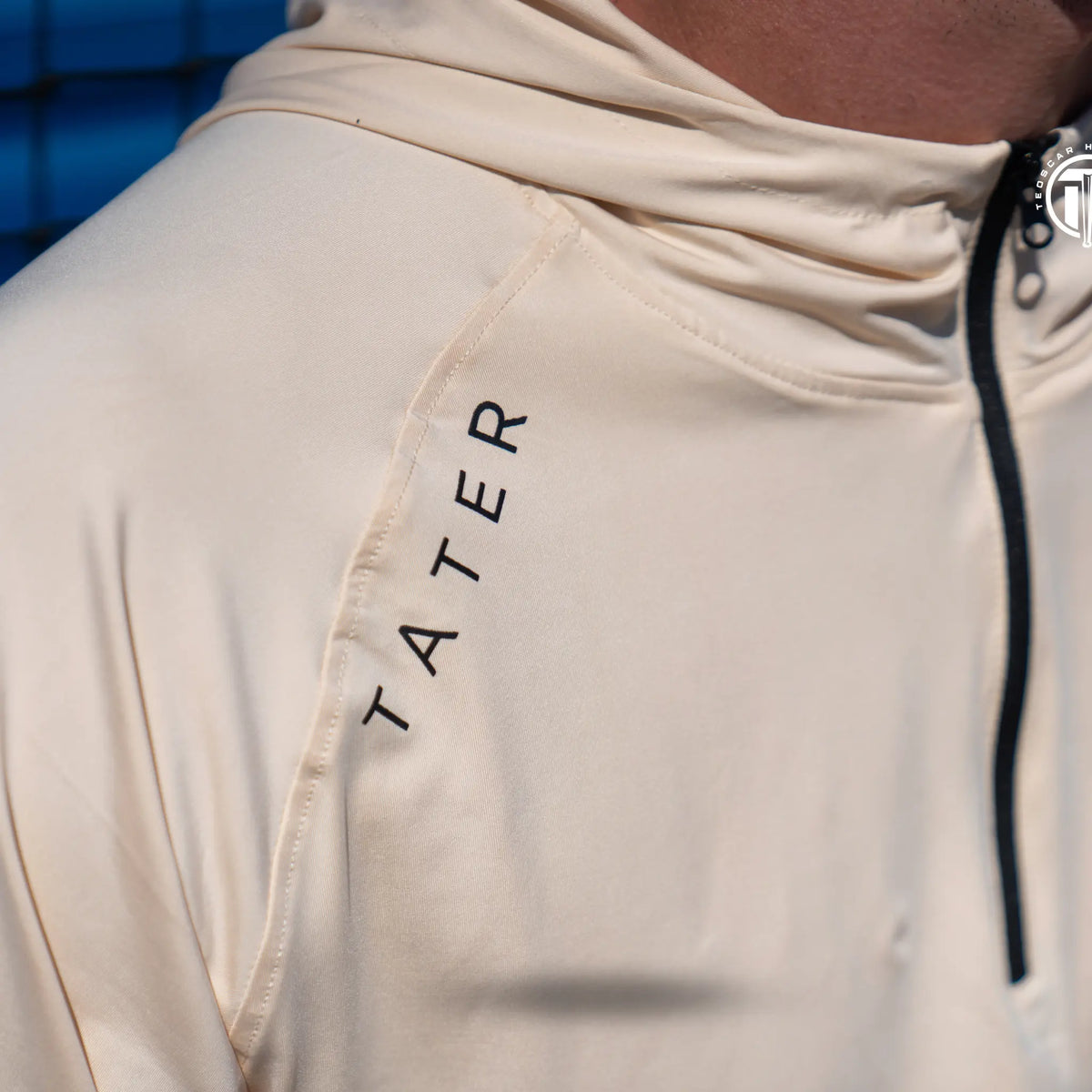Close up view of the fundamental baseball hoodie with an emphasis on the TATER.