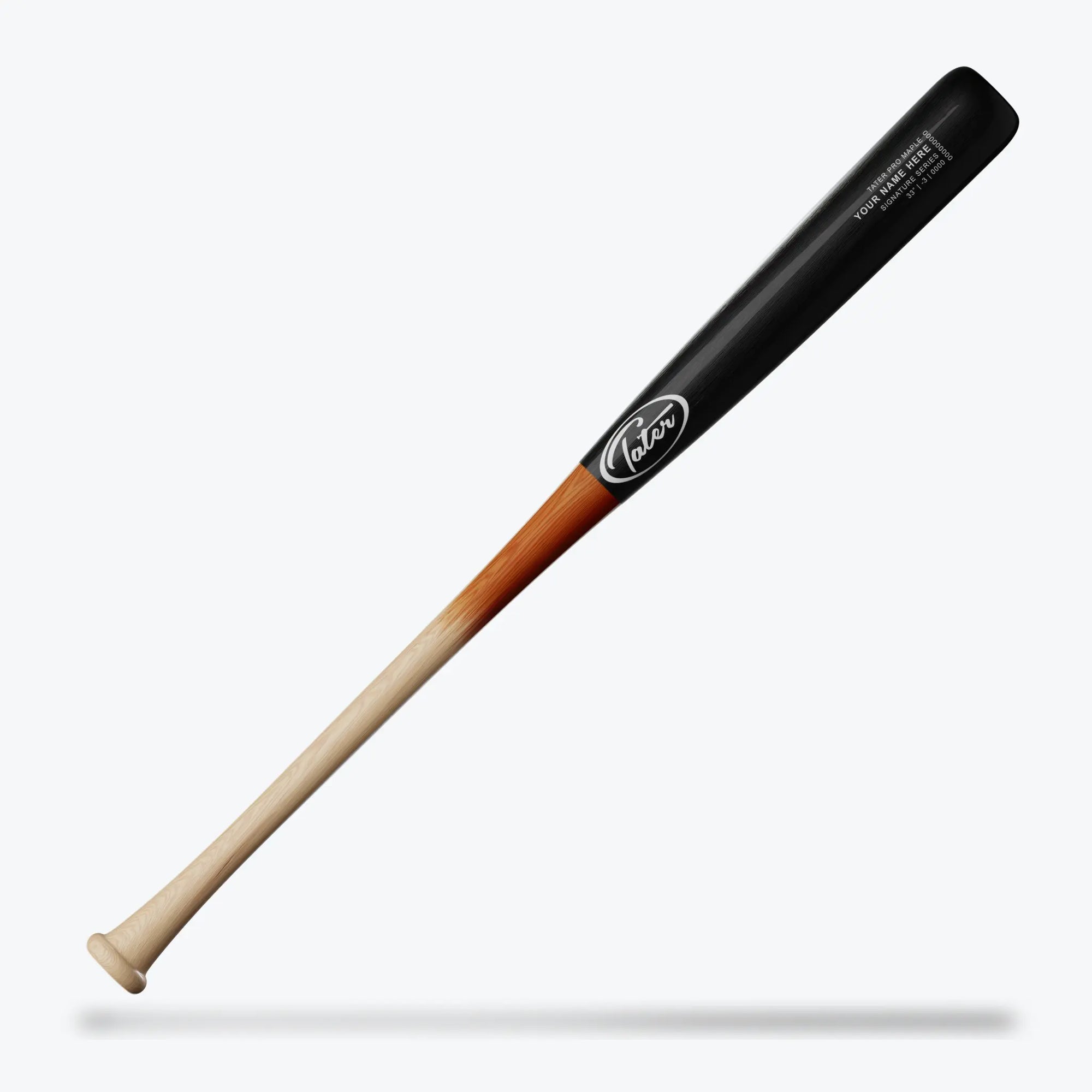 The image highlights a Tater 243 model baseball bat, end-loaded and measuring 32 inches in length. The bat features a sleek black barrel that transitions to a natural wood handle, exemplifying a classic design with a modern twist, suitable for power hitters.