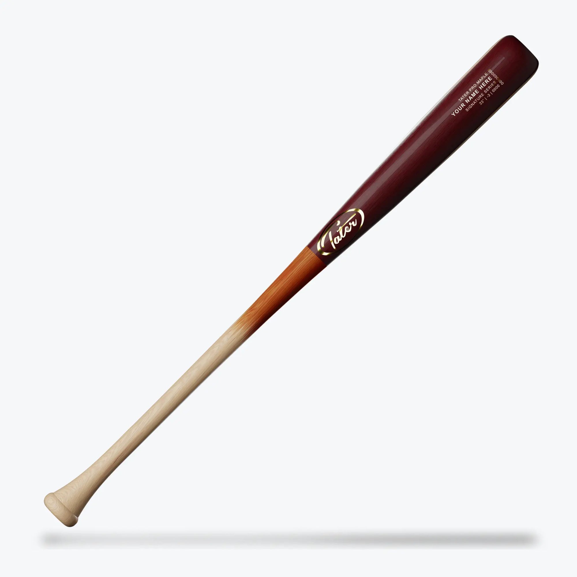This image presents the Tater Baseball X12 custom wood bat, which boasts a balanced weight distribution. The barrel is a deep maroon, gracefully blending into the natural wooden hue of the handle. It's available in 31 to 33 inches with a minus drop-3 weight, perfect for hitters looking for a bat that offers control and a smooth swing.