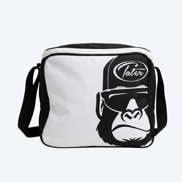 White and black baseball bag with gorilla graphic and Tater logo, ideal for players of all ages.