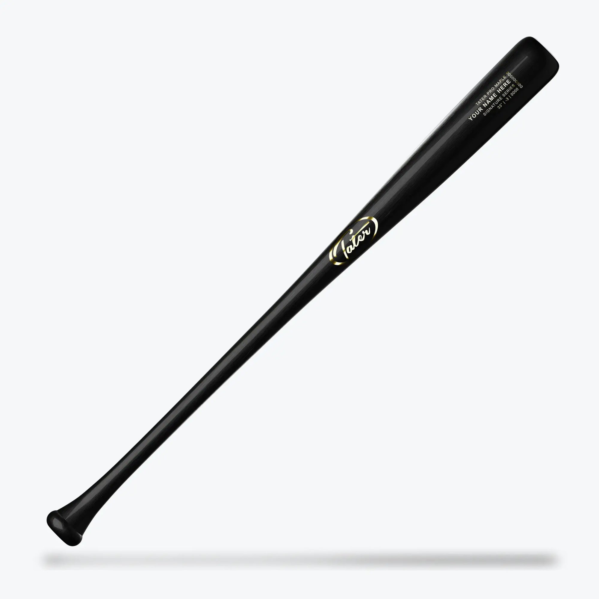 The photo features the Tater X24 Custom Wood Bat, entirely in black with a glossy finish that highlights the brand's elegant gold logo. This drop-3 bat is a standout choice for players looking for an alternative to the Victus lineup, blending style with competitive functionality.