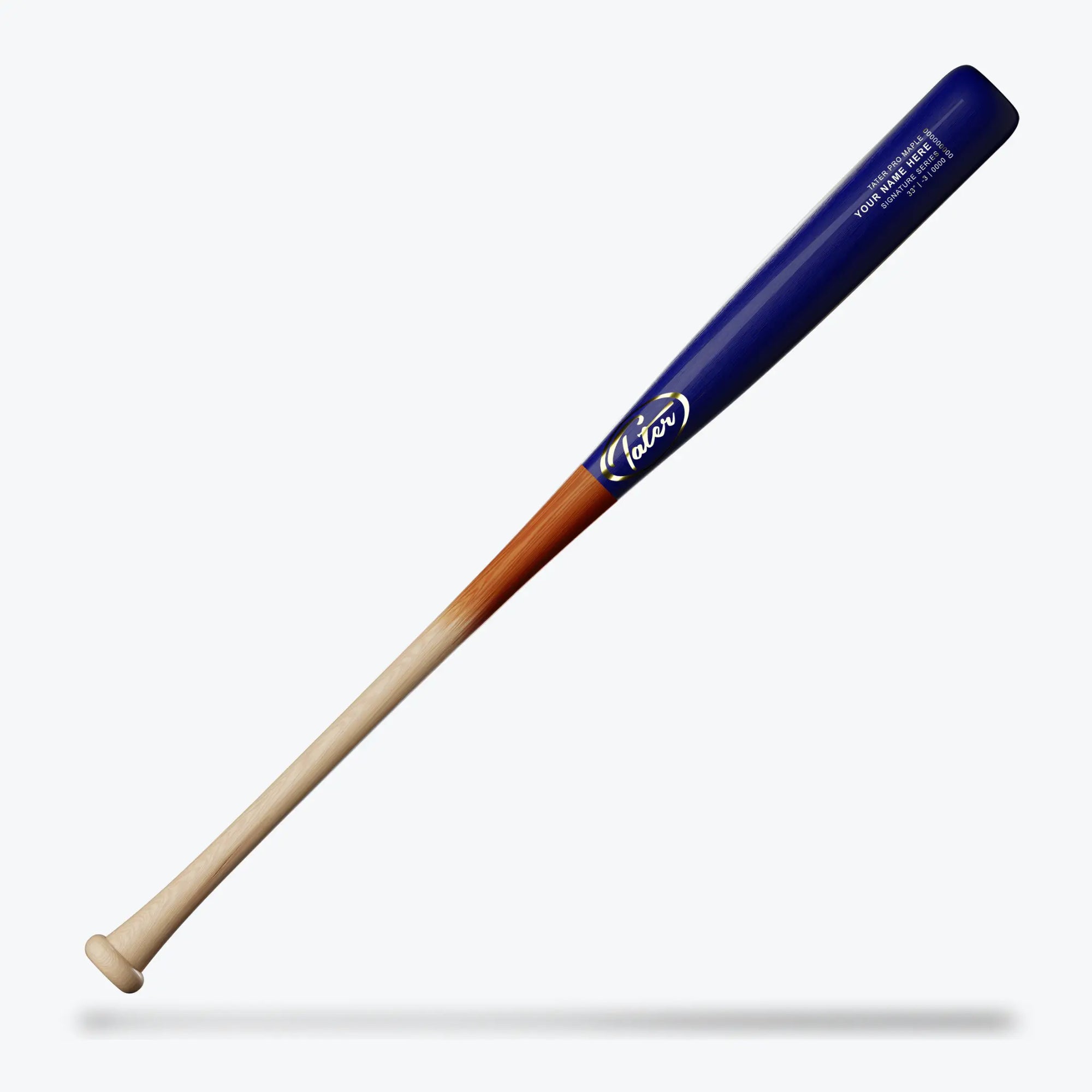 Captured here is the Tater X6 wood bat, designed for high school and collegiate players. It features a deep blue barrel that transitions to a natural wood color towards the traditional knob. With a slight end-load and a drop-3 weight in 31, 32, or 33 inches, it's built for the competitive player looking for that extra power edge.