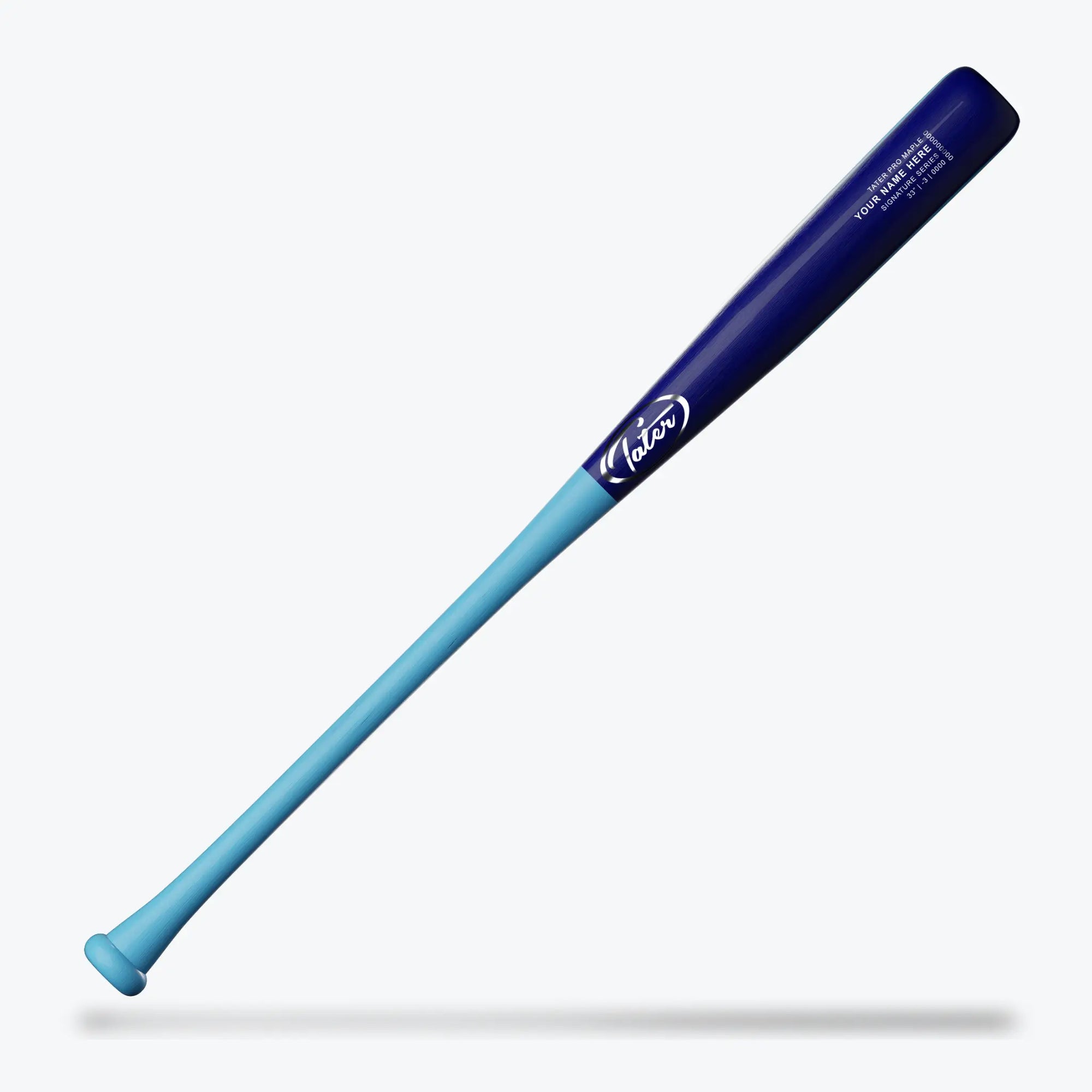 This image displays the Tater XL5, a custom wood bat that blends from a rich navy blue into a soft baby blue along its length. With a slight end-load, it's sized at 31, 32, or 33 inches with a minus drop-3 weight, striking the perfect balance for hitters who want both power and finesse.