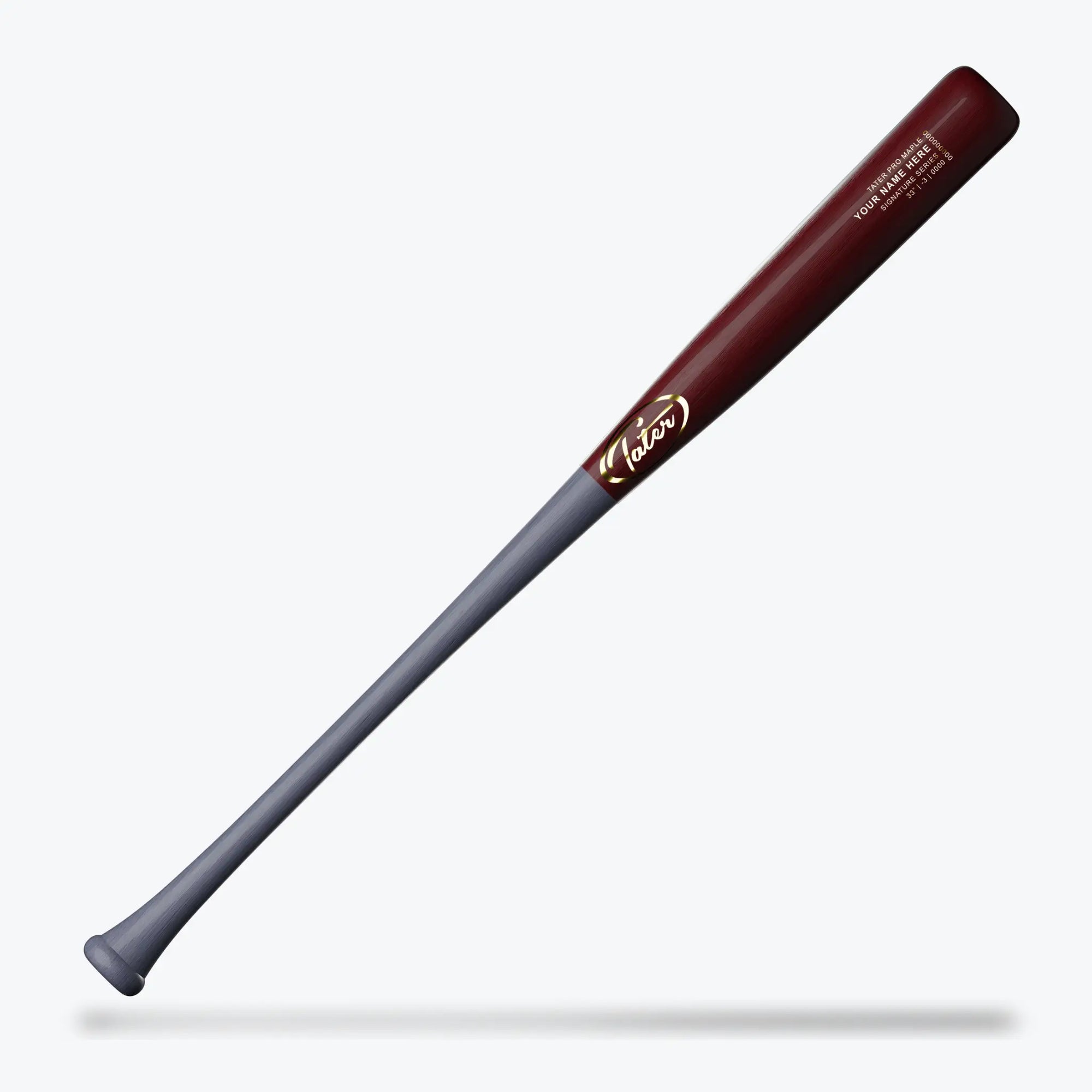 he photo highlights the Tater i13 custom wood bat in a rich burgundy that seamlessly transitions to a grey handle, tailored for hitters with a preference for a slight end-load. Available in lengths of 31, 32, or 33 inches with a drop-3 weight, this bat combines a classic look with a modern hitting approach.