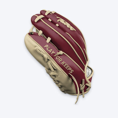 Pinky side of the Tater V-Web infield glove with blonde PLAY FOR KEEPS lettering and Tater script logo