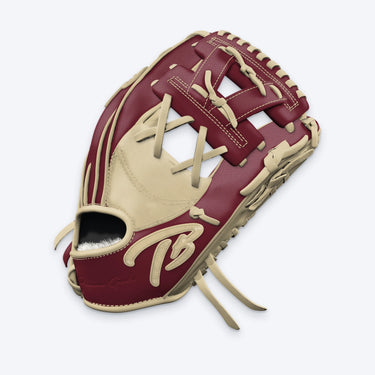 Side view of the Tater V-Web infield glove showing the maroon V-Web, blonde palm and TB logo on the wrist strap