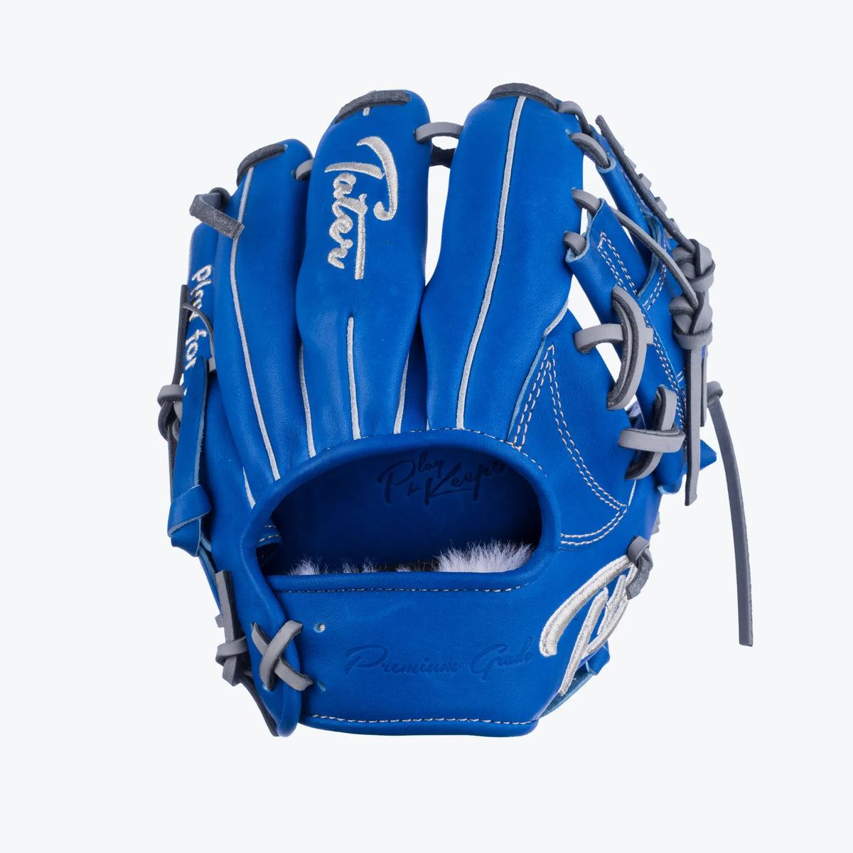 Professional blue premium infield training glove, 9.5-inch, with grey lacing and &#39;Play to Keeps&#39; inscription, designed for high-level performance by Tater Baseball.