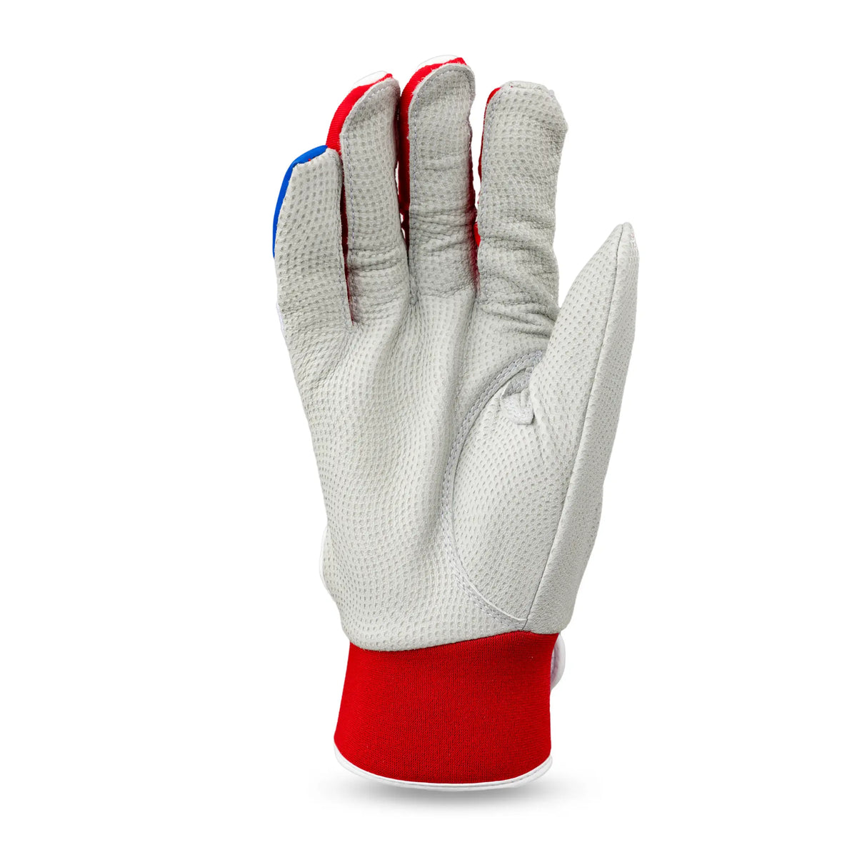 Palm view of premium Tater Baseball batting gloves, featuring durable white leather with red stitching and a blue accent, designed for a comfortable grip and long-lasting performance.