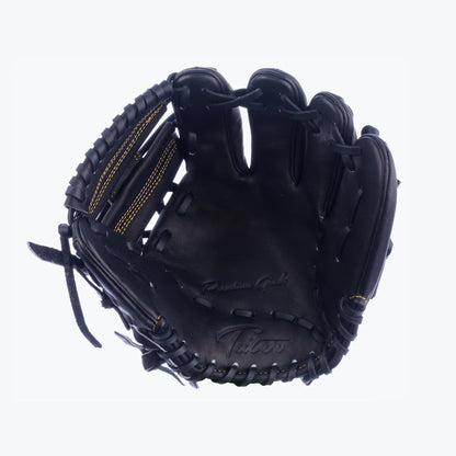 Explore the intricate design of Tater Baseball's black infield training glove, featuring a 9-inch size for focused fielding practice. The glove showcases detailed craftsmanship with gold stitch accents, providing an exceptional look and feel for advanced infield drills.