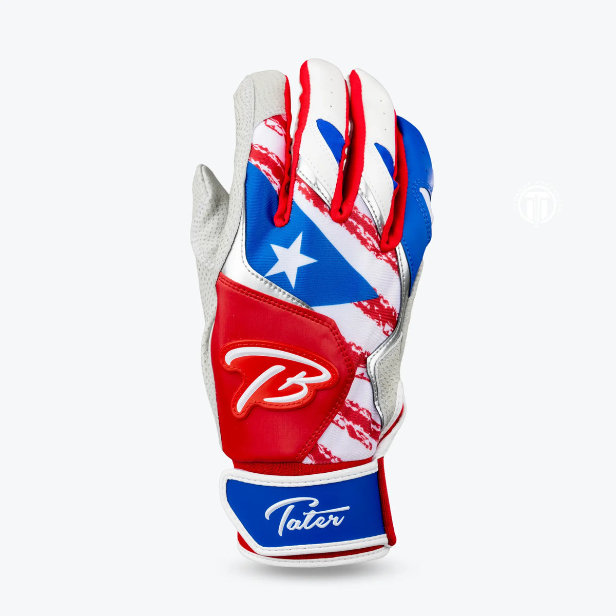 High-performance Tater baseball batting gloves featuring a Puerto Rico-inspired design with vivid red, white, and blue colors, accented with a single star, and the distinctive &#39;TB&#39; logo for a touch of patriotic flair.