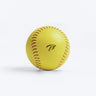 Yellow Tater foam softball with red stitching and black TB logo, front view
