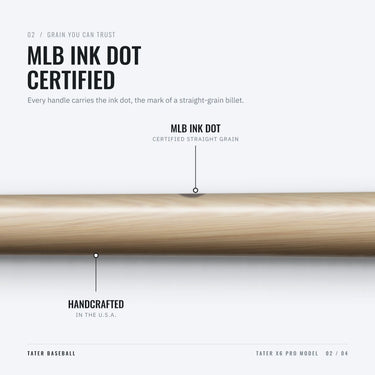 MLB ink dot on the handle of the Tater X6 Pro, certifying straight-grain maple